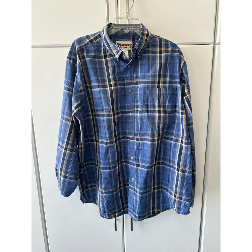 Wrangler‎ Rugged Wear Mens Blue Plaid Button Down Shirt XL RWL41MB